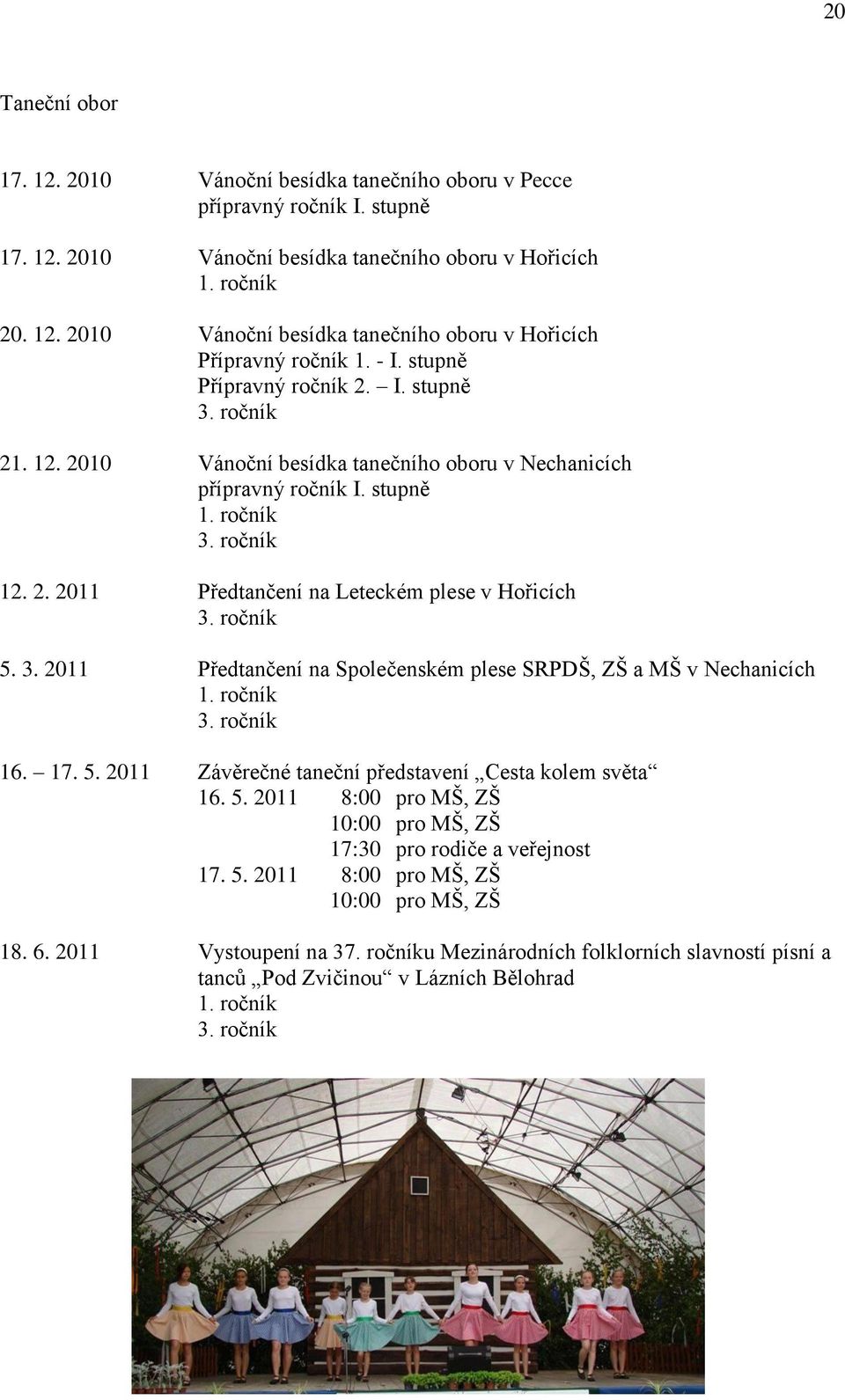 ročník 5. 3. 2011 Předtančení na Společenském plese SRPDŠ, ZŠ a MŠ v Nechanicích 1. ročník 3. ročník 16. 17. 5. 2011 Závěrečné taneční představení Cesta kolem světa 16. 5. 2011 8:00 pro MŠ, ZŠ 10:00 pro MŠ, ZŠ 17:30 pro rodiče a veřejnost 17.