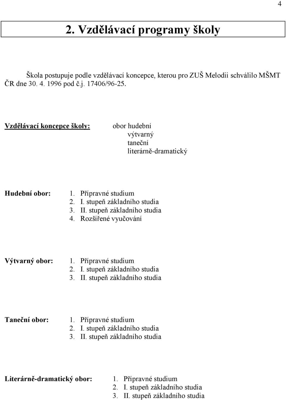 stupeň základního studia 4. Rozšířené vyučování Výtvarný obor: 1. Přípravné studium 2. I. stupeň základního studia 3. II. stupeň základního studia Taneční obor: 1.