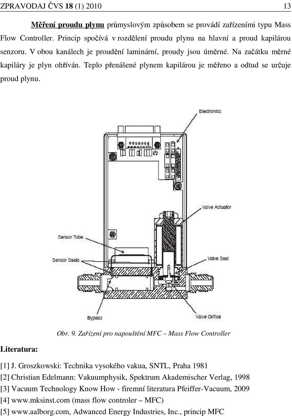 Teplo přenášené plynem kapilárou je měřeno a odtud se určuje proud plynu. Obr. 9. Zařízení pro napouštění MFC Mass Flow Controller Literatura: [1] J.