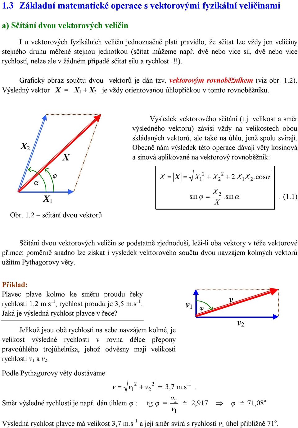 Grafický obraz součtu dvou vektorů je dán tzv. vektorovým rovnoběžníkem (viz obr. 1.2). Výsledný vektor X = X 1 + X 2 je vždy orientovanou úhlopříčkou v tomto rovnoběžníku.