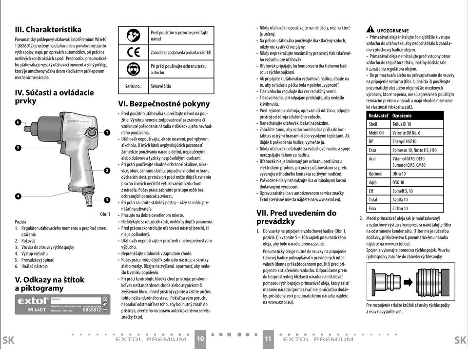 Prednosťou pneumatického uťahováka je vysoký uťahovací moment a silný príklep, ktorý je umožnený vďaka dvom kladivám v príklepovom mechanizme náradia. IV. Súčasti a ovládacie prvky 6 5 4 Obr.