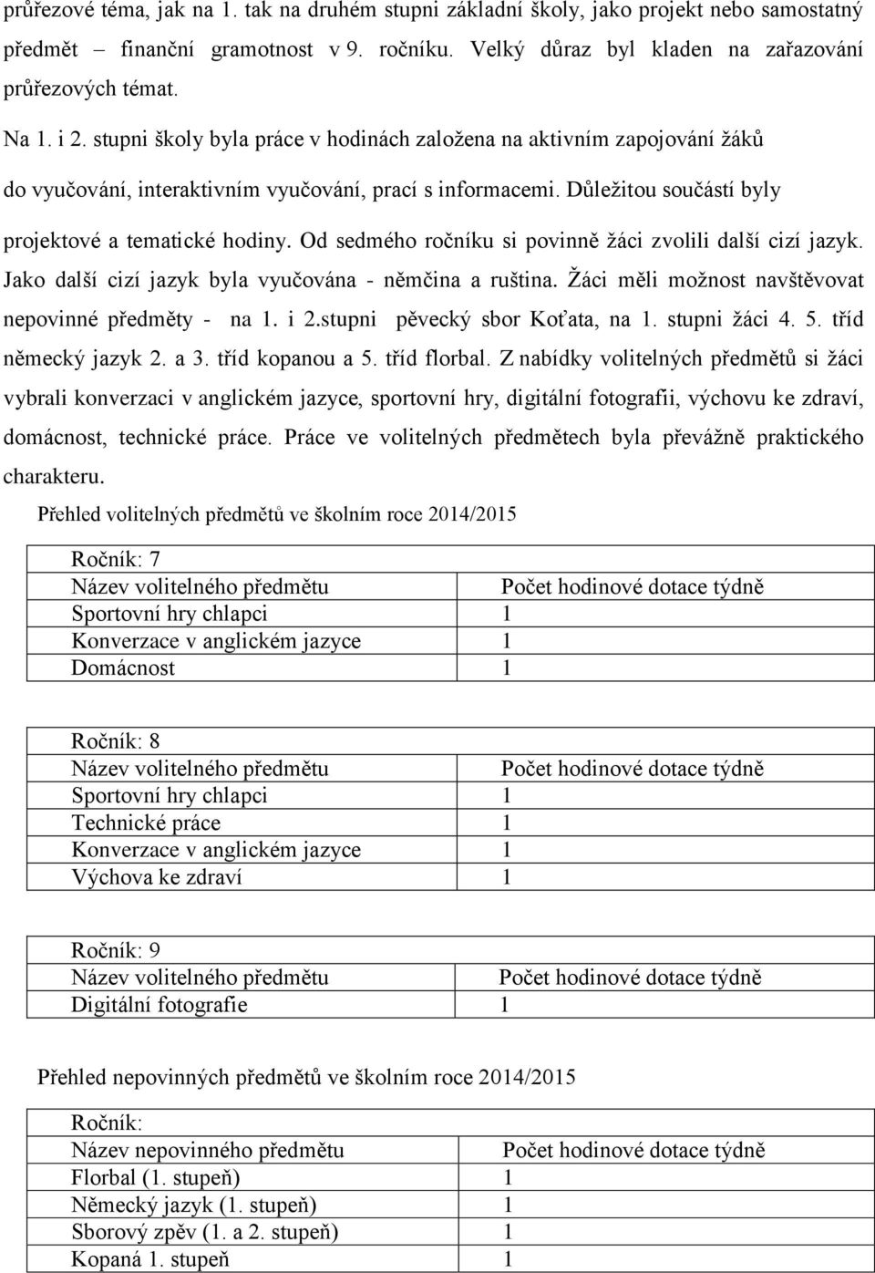 Od sedmého ročníku si povinně žáci zvolili další cizí jazyk. Jako další cizí jazyk byla vyučována - němčina a ruština. Žáci měli možnost navštěvovat nepovinné předměty - na 1. i 2.