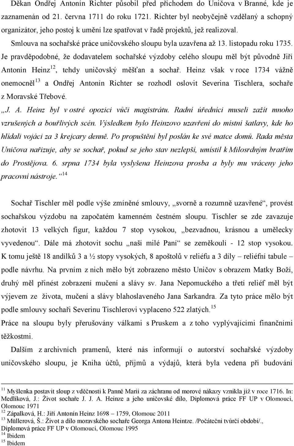 listopadu roku 1735. Je pravděpodobné, že dodavatelem sochařské výzdoby celého sloupu měl být původně Jiří Antonín Heinz 12, tehdy uničovský měšťan a sochař.