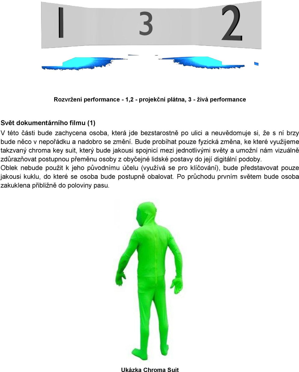 Bude probíhat pouze fyzická změna, ke které využijeme takzvaný chroma key suit, který bude jakousi spojnicí mezi jednotlivými světy a umožní nám vizuálně zdůrazňovat postupnou