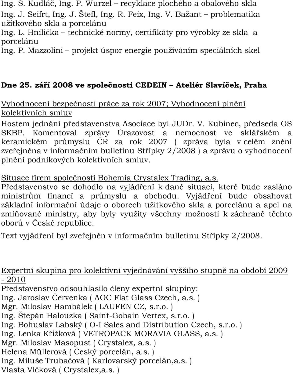 září 2008 ve společnosti CEDEIN Ateliér Slavíček, Praha Vyhodnocení bezpečnosti práce za rok 2007; Vyhodnocení plnění kolektivních smluv Hostem jednání představenstva Asociace byl JUDr. V. Kubinec, předseda OS SKBP.