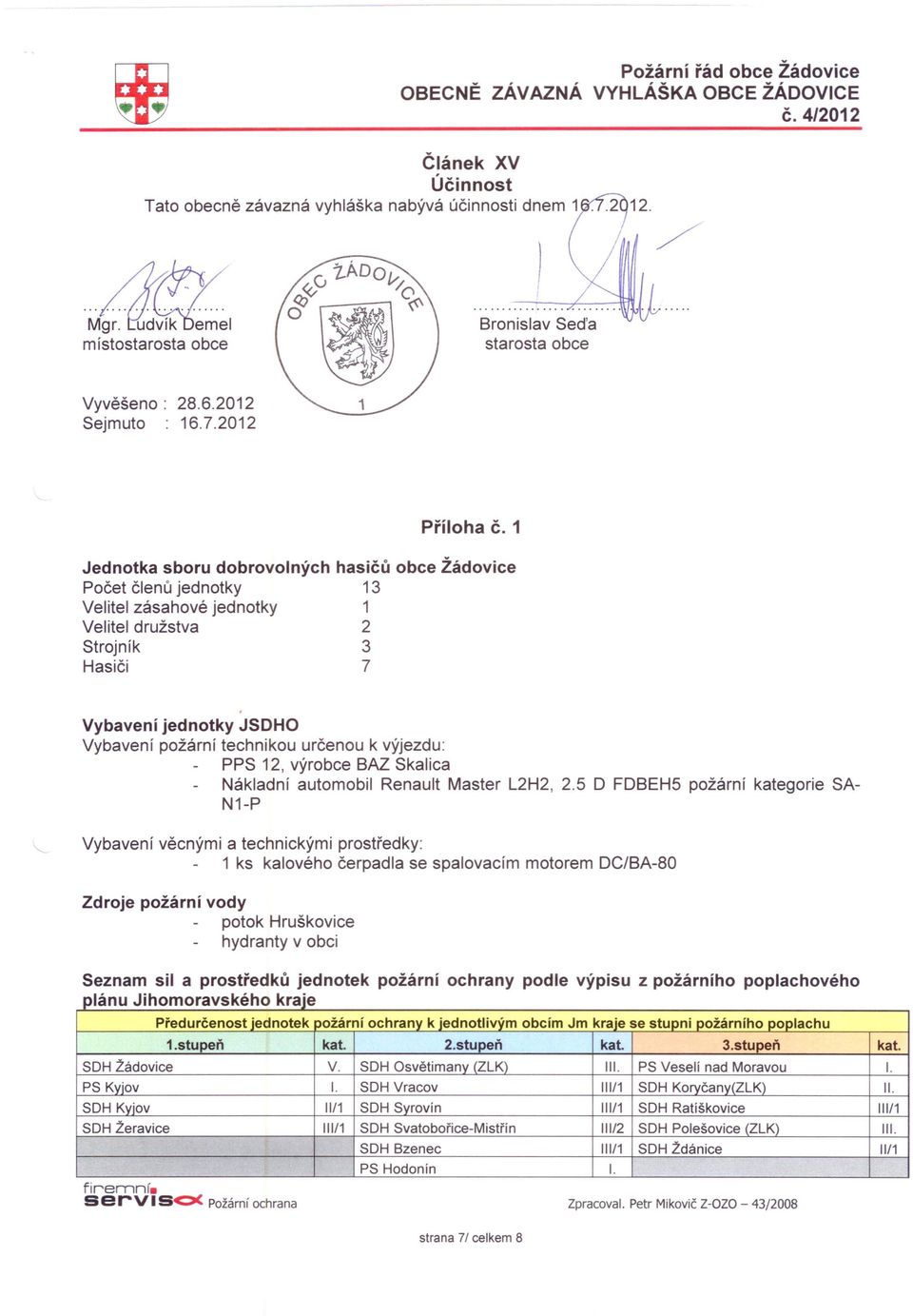 určenou k výjezdu: PPS 12, výrobce BAZ Skalica Nákladní automobil Renault Master L2H2, 2.