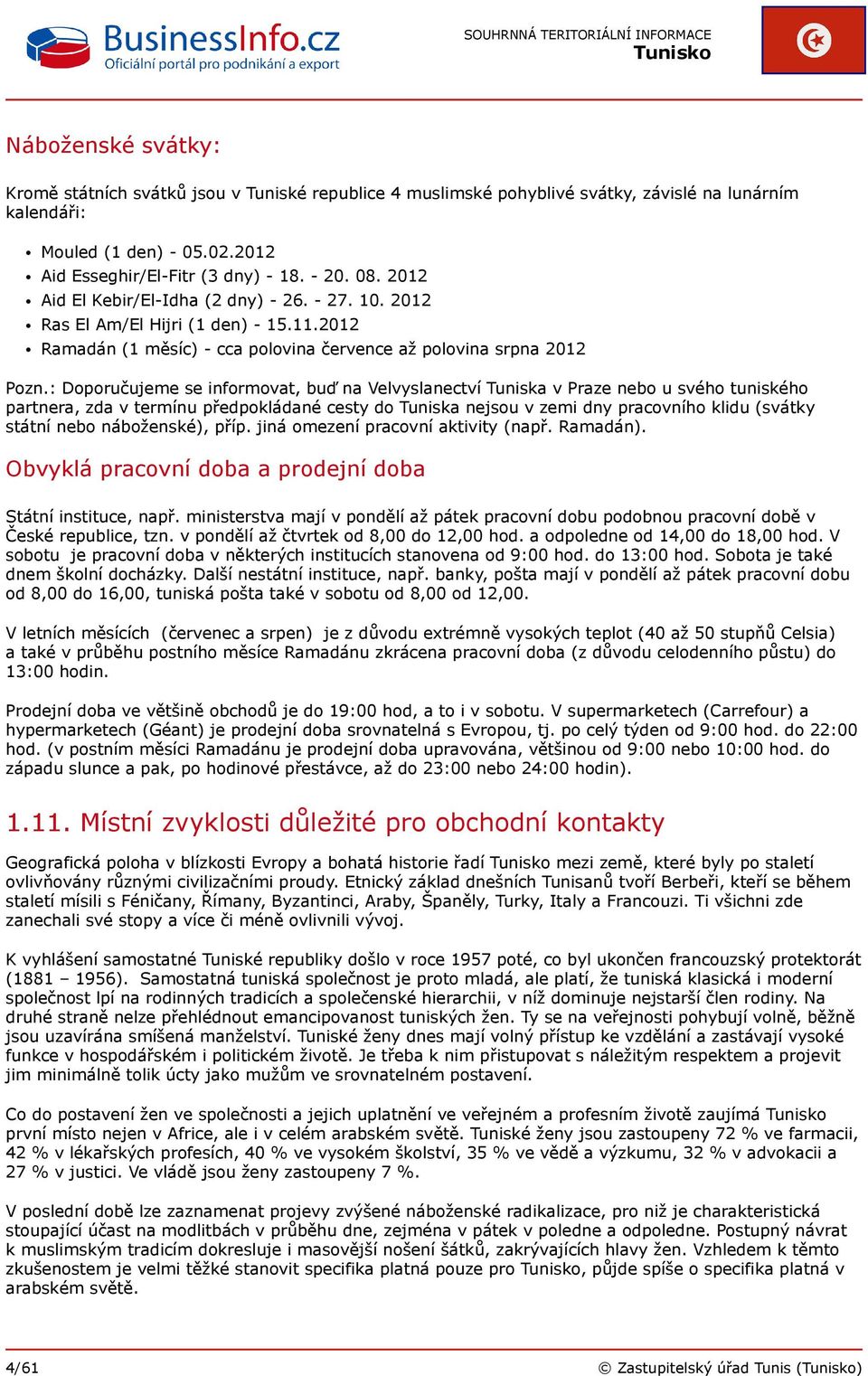 : Doporučujeme se informovat, buď na Velvyslanectví Tuniska v Praze nebo u svého tuniského partnera, zda v termínu předpokládané cesty do Tuniska nejsou v zemi dny pracovního klidu (svátky státní