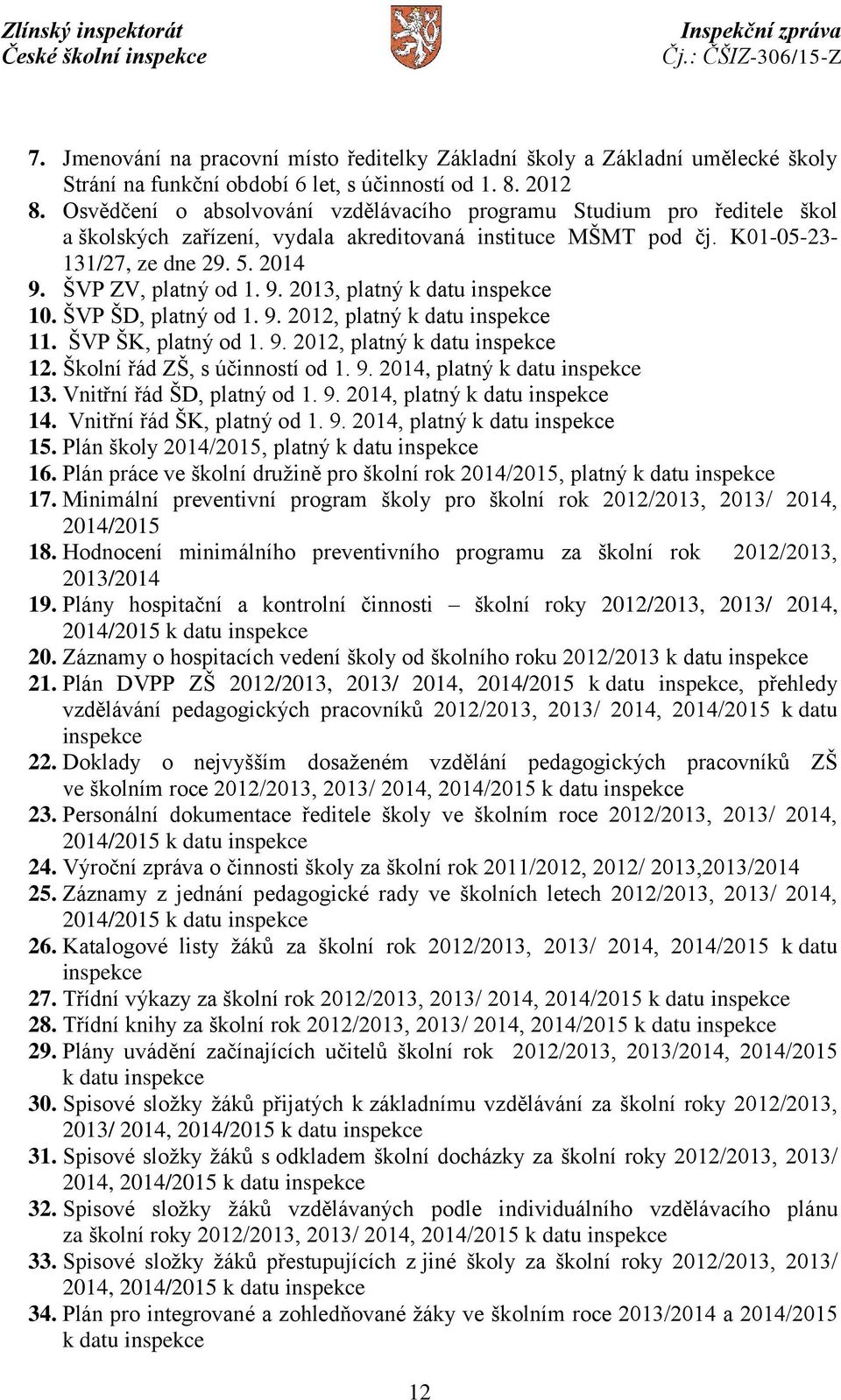 ŠVP ZV, platný od 1. 9. 2013, platný k datu inspekce 10. ŠVP ŠD, platný od 1. 9. 2012, platný k datu inspekce 11. ŠVP ŠK, platný od 1. 9. 2012, platný k datu inspekce 12.