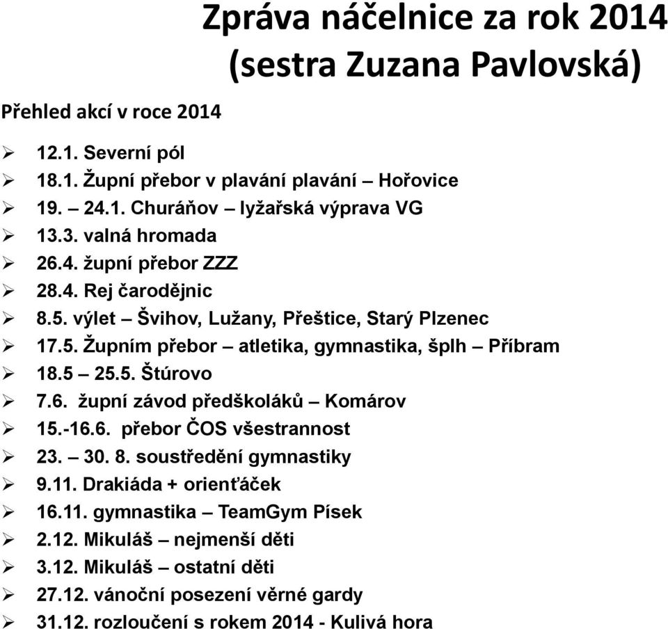 5 25.5. Štúrovo 7.6. župní závod předškoláků Komárov 15.-16.6. přebor ČOS všestrannost 23. 30. 8. soustředění gymnastiky 9.11. Drakiáda + orienťáček 16.11. gymnastika TeamGym Písek 2.