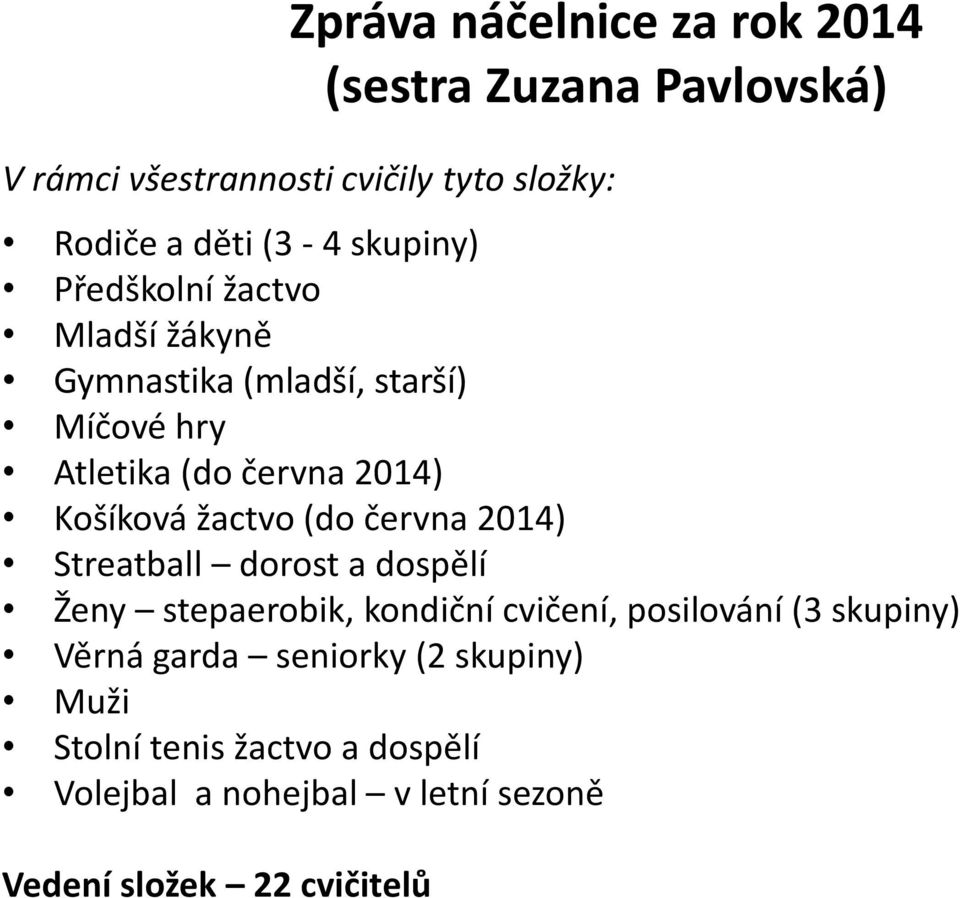 žactvo (do června 2014) Streatball dorost a dospělí Ženy stepaerobik, kondiční cvičení, posilování (3 skupiny) Věrná