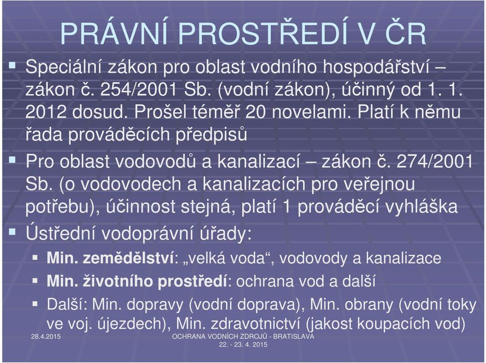 (o vodovodech a kanalizacích pro veřejnou potřebu), účinnost stejná, platí 1 prováděcí vyhláška Ústřední vodoprávní úřady: Min.