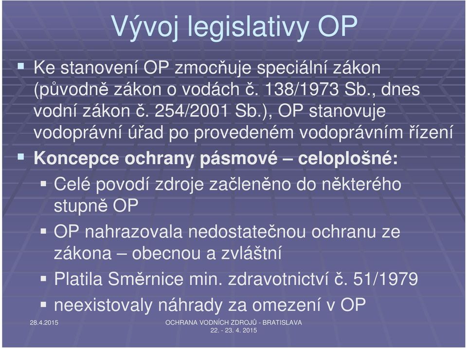 ), OP stanovuje vodoprávní úřad po provedeném vodoprávním řízení Koncepce ochrany pásmové celoplošné: Celé