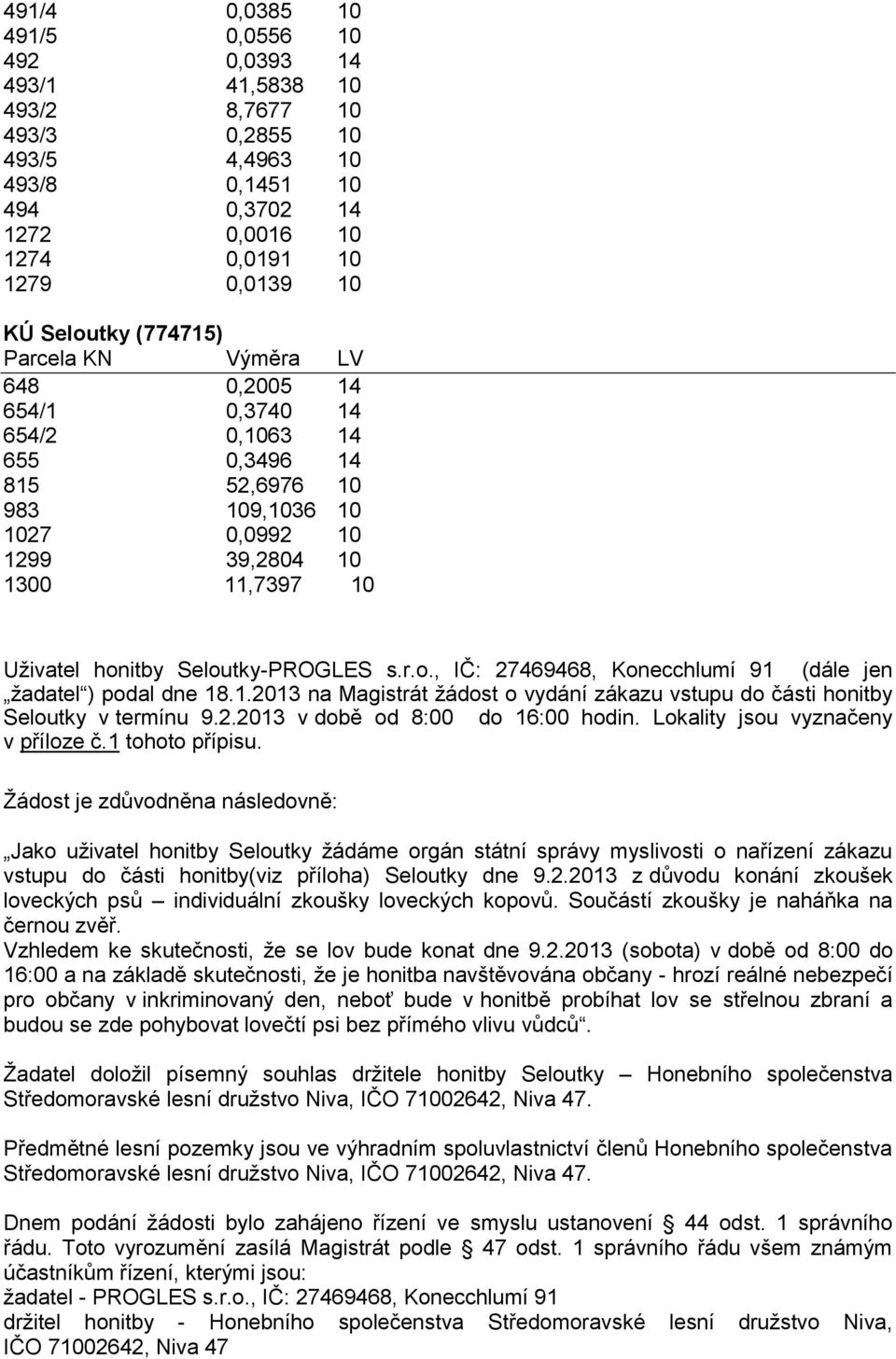 Seloutky-PROGLES s.r.o., IČ: 27469468, Konecchlumí 91 (dále jen žadatel ) podal dne 18.1.2013 na Magistrát žádost o vydání zákazu vstupu do části honitby Seloutky v termínu 9.2.2013 v době od 8:00 do 16:00 hodin.