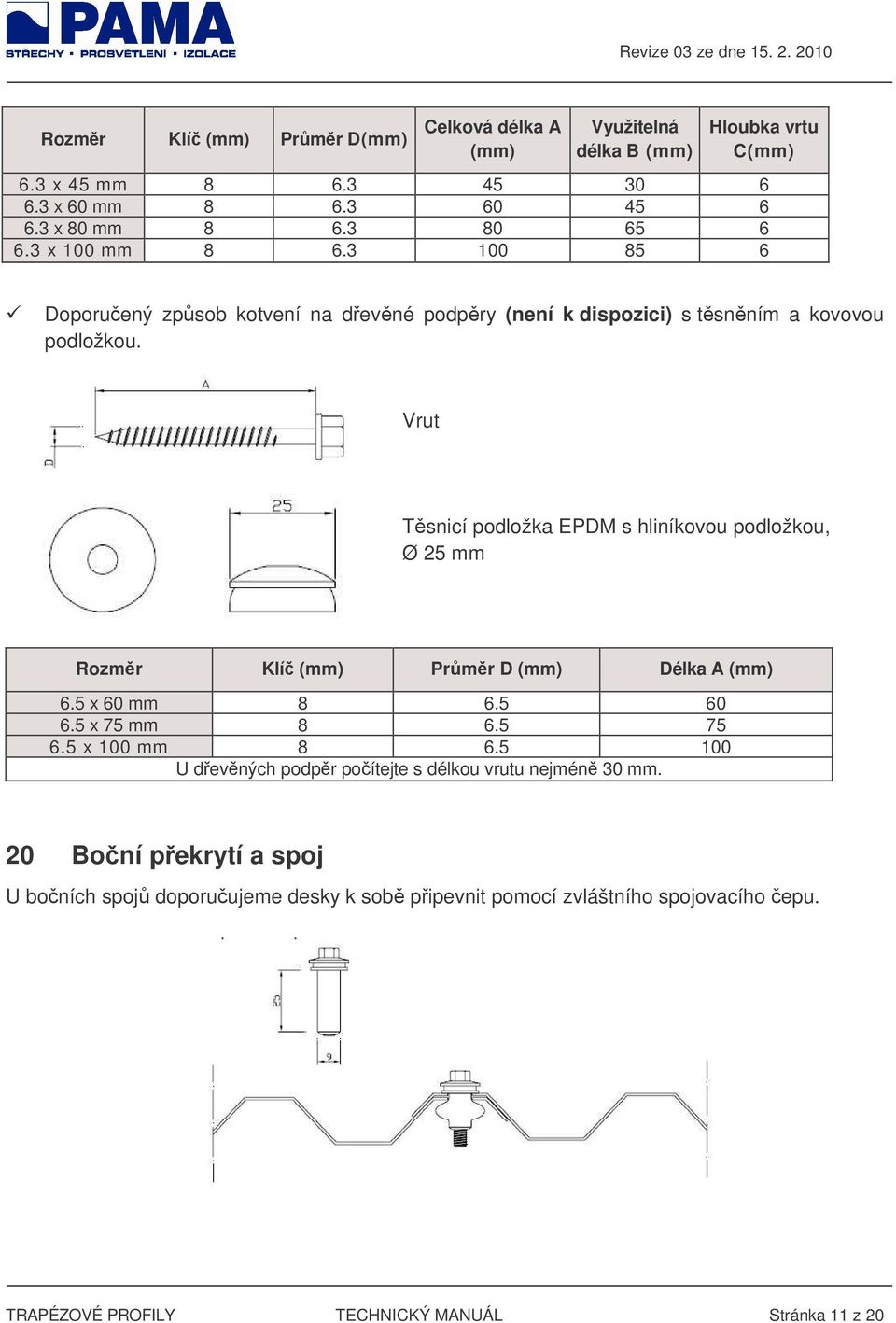 Vrut Tsnicí podložka EPDM s hliníkovou podložkou, Ø 25 mm Rozmr Klí (mm) Prmr D (mm) Délka A (mm) 6.5 x 60 mm 8 6.5 60 6.5 x 75 mm 8 6.5 75 6.5 x 100 mm 8 6.