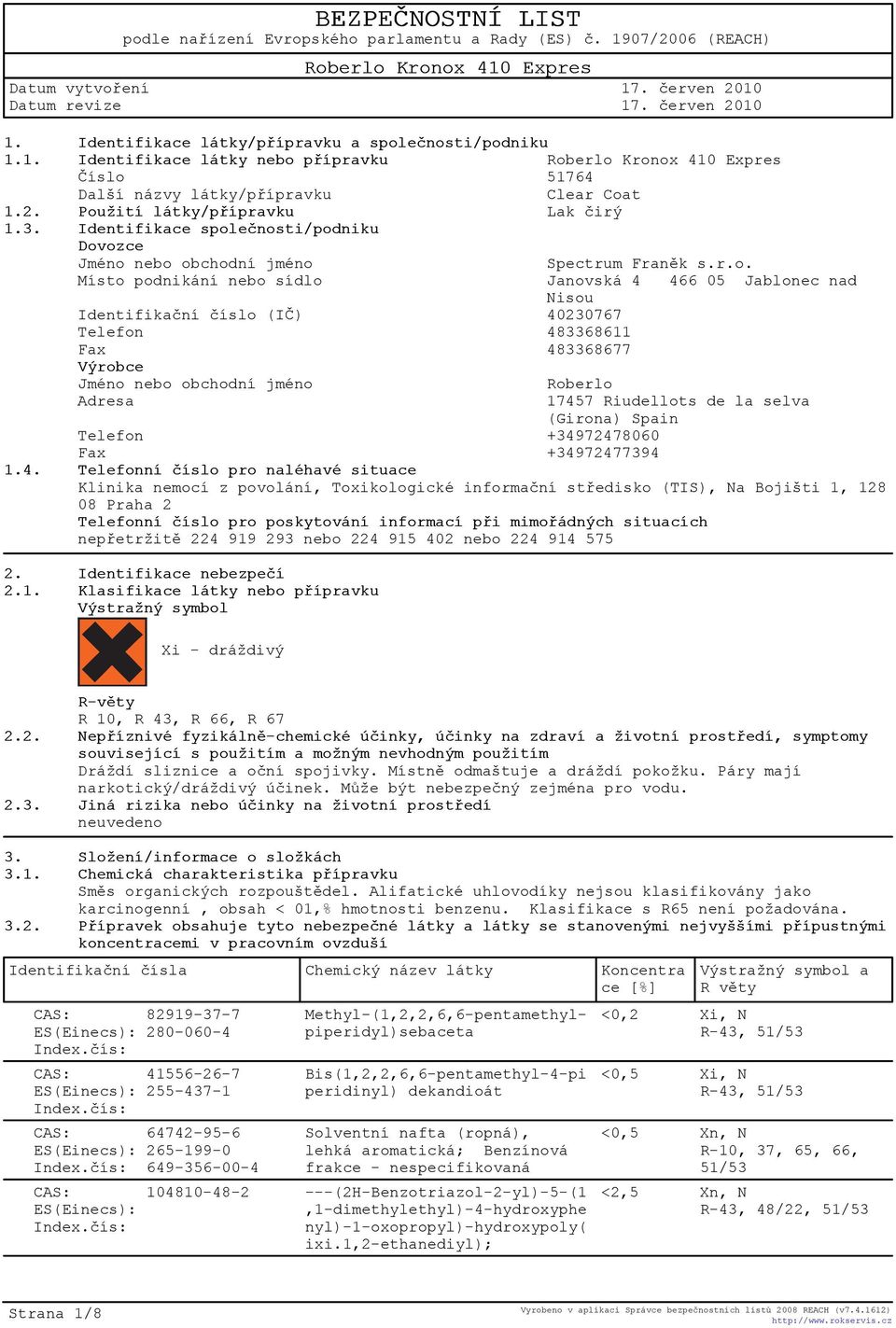 žití látky/pøípravku Lak èirý 1.3. Identifikace spol