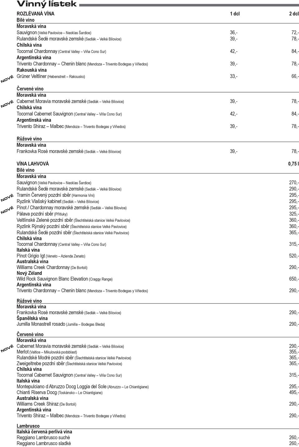 Moravia moravské zemské (Sedlák Velké Bílovice) 39,- 78,- Tocornal Cabernet Sauvignon (Central Valley Viňa Cono Sur) 42,- 84,- Trivento Shiraz Malbec (Mendoza Trivento Bodegas y Viňedos) 39,- 78,-