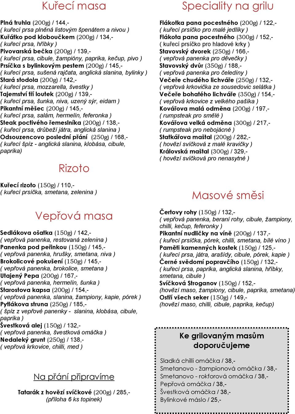 švestky ) Tajemství tří loutek (200g) / 139,- ( kuřecí prsa, šunka, niva, uzený sýr, eidam ) Pikantní měšec (200g) / 145,- ( kuřecí prsa, salám, hermelín, feferonka ) Steak poctivého řemeslníka