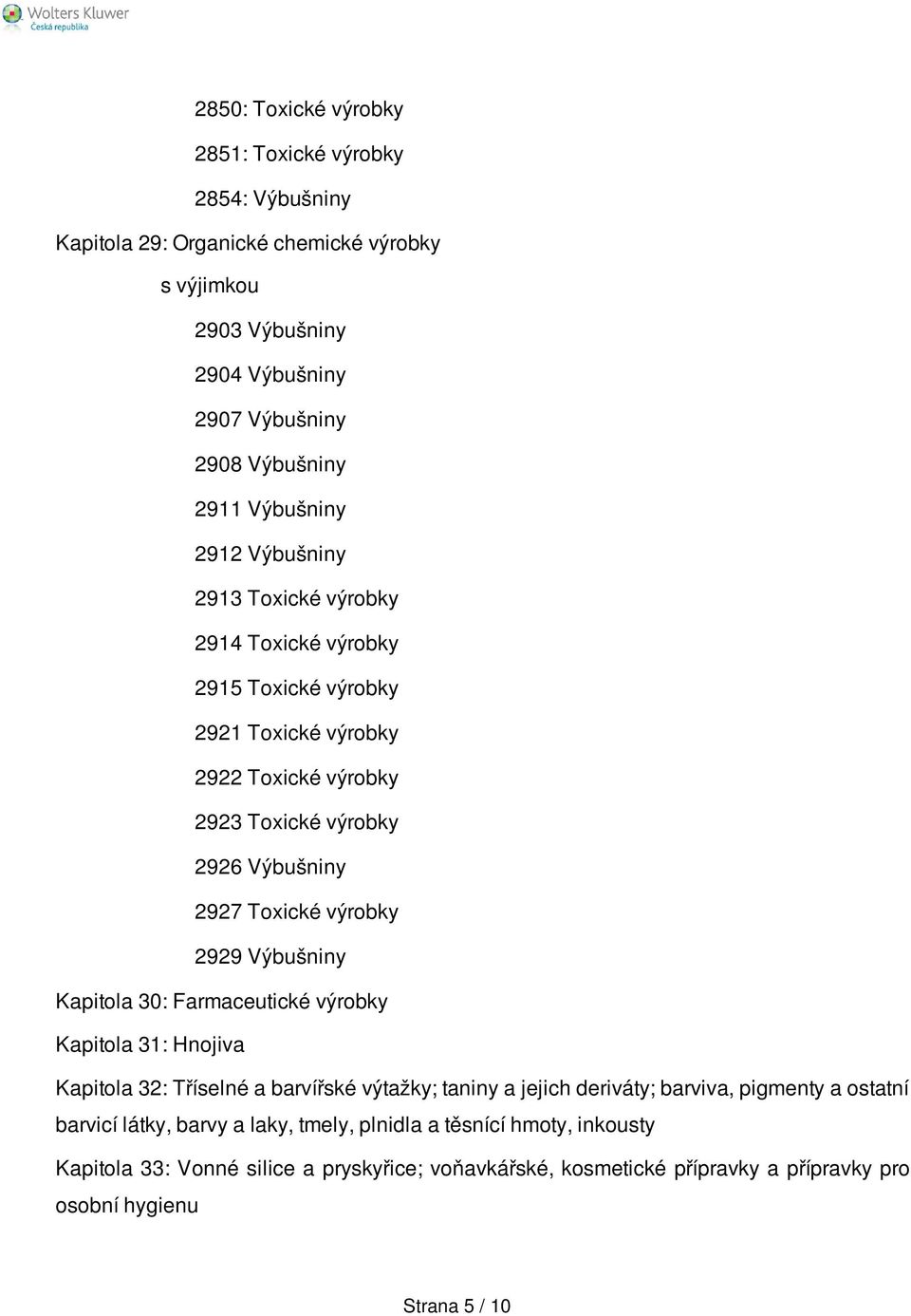 výrobky 2929 Výbušniny Kapitola 30: Farmaceutické výrobky Kapitola 31: Hnojiva Kapitola 32: Tříselné a barvířské výtažky; taniny a jejich deriváty; barviva, pigmenty a ostatní