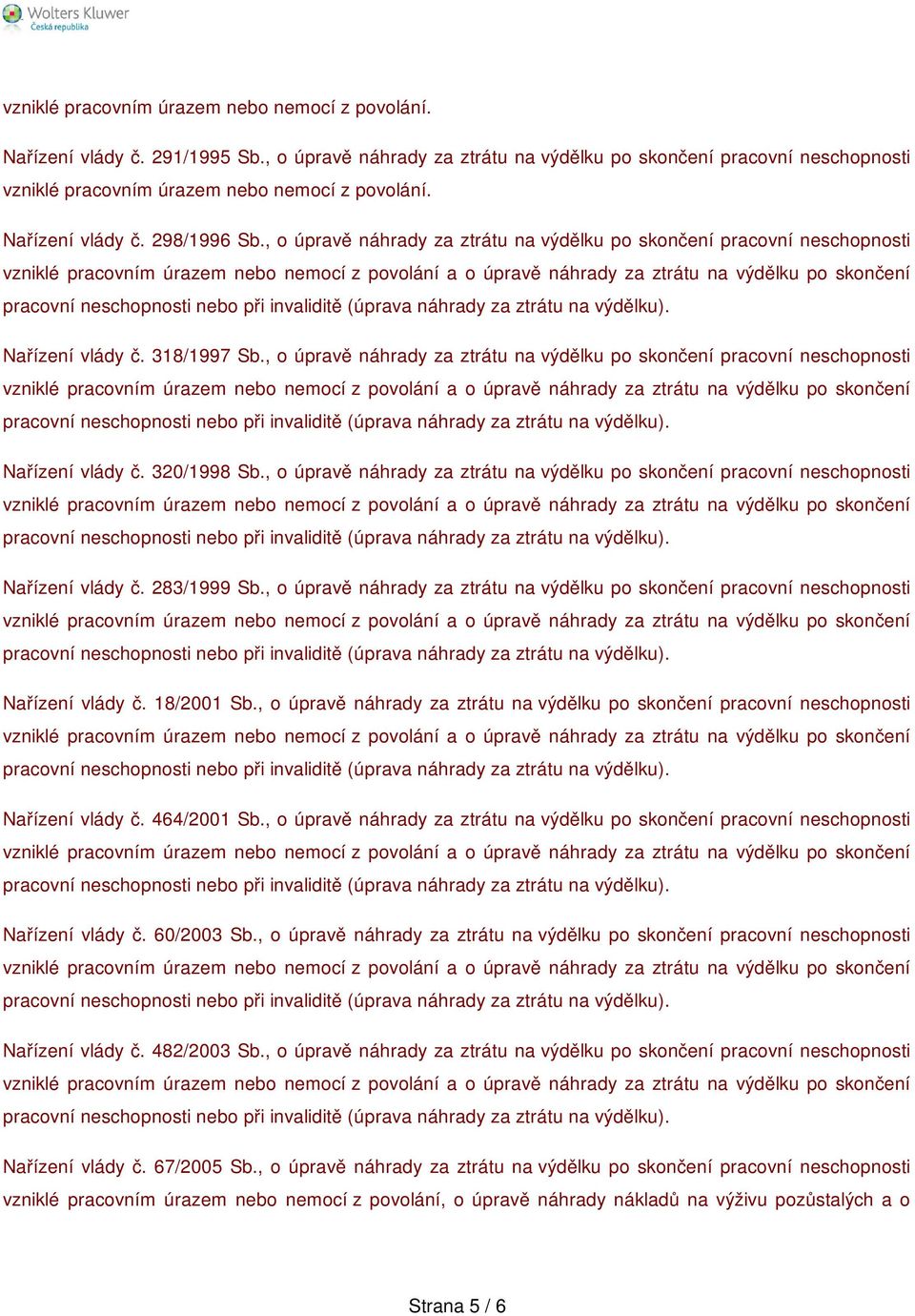 , o úpravě náhrady za ztrátu na výdělku po skončení pracovní neschopnosti Nařízení vlády č. 318/1997 Sb., o úpravě náhrady za ztrátu na výdělku po skončení pracovní neschopnosti Nařízení vlády č. 320/1998 Sb.