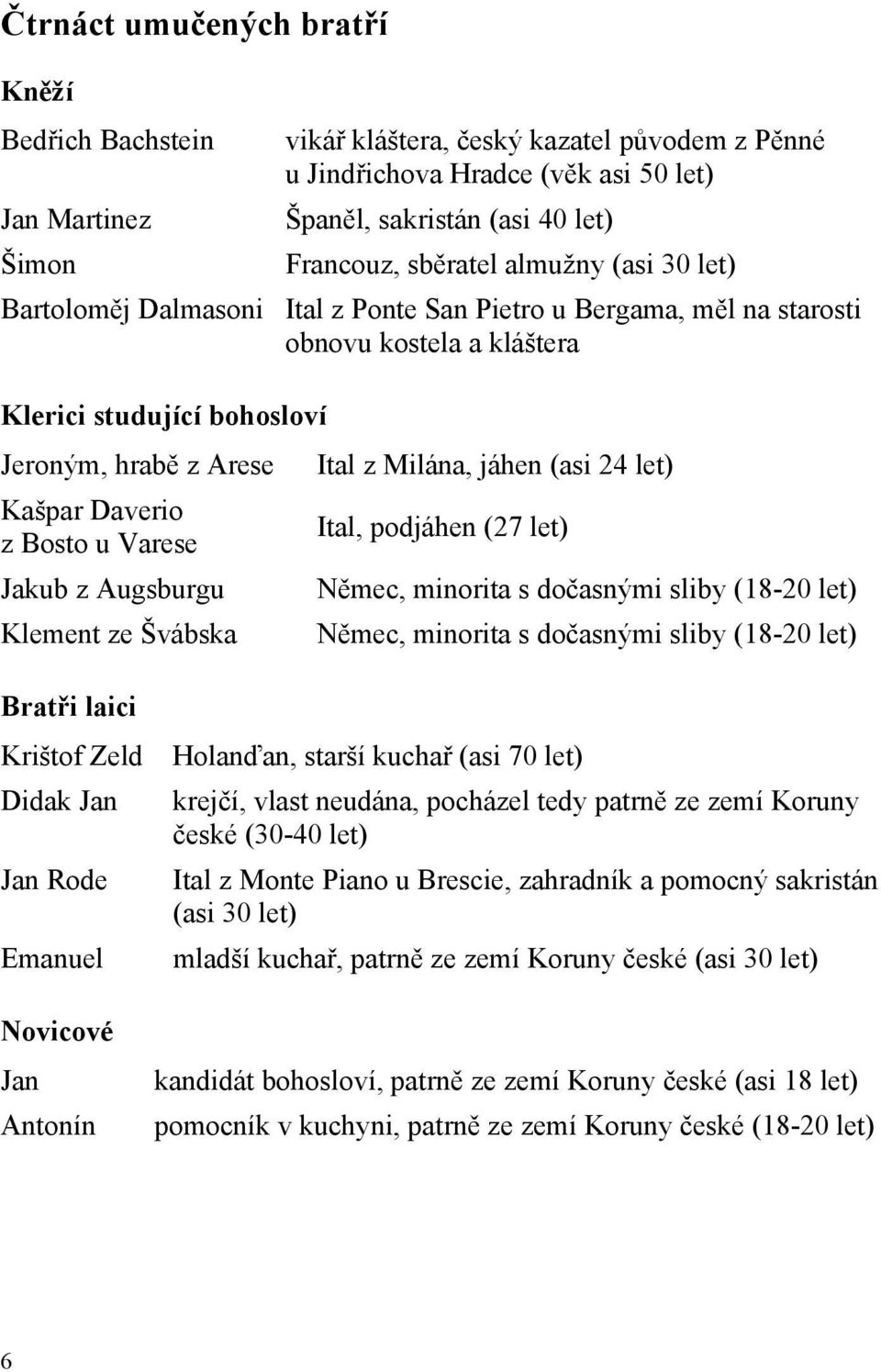 (asi 24 let) Kašpar Daverio z Bosto u Varese Ital, podjáhen (27 let) Jakub z Augsburgu Němec, minorita s dočasnými sliby (18-20 let) Klement ze Švábska Němec, minorita s dočasnými sliby (18-20 let)