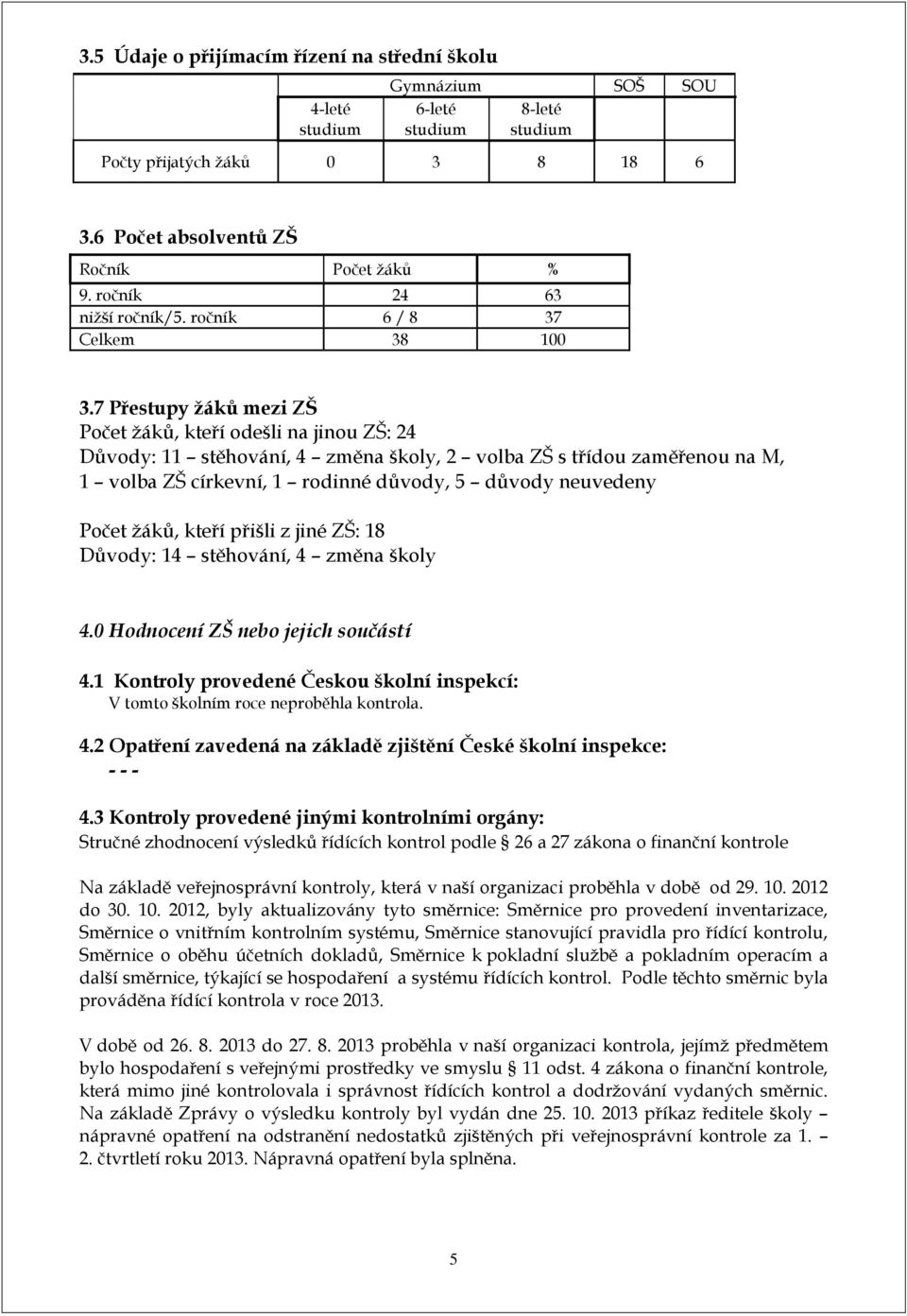 7 Přestupy žáků mezi ZŠ Počet žáků, kteří odešli na jinou ZŠ: 24 Důvody: 11 stěhování, 4 změna školy, 2 volba ZŠ s třídou zaměřenou na M, 1 volba ZŠ církevní, 1 rodinné důvody, 5 důvody neuvedeny