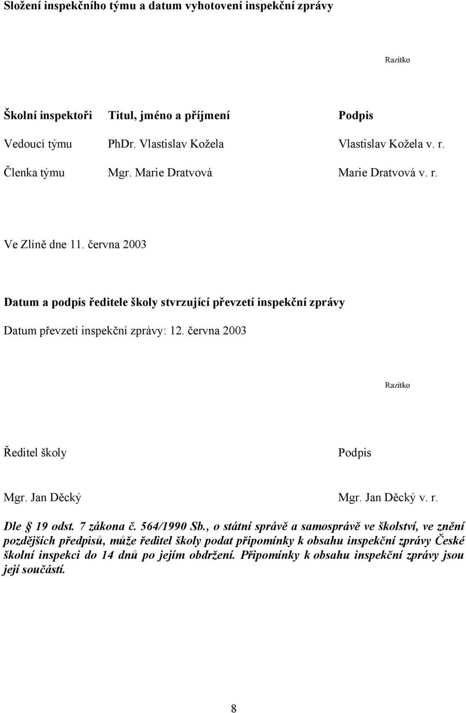 června 2003 Datum a podpis ředitele školy stvrzující převzetí inspekční zprávy Datum převzetí inspekční zprávy: 12. června 2003 Razítko Ředitel školy Podpis Mgr. Jan Děcký Mgr.