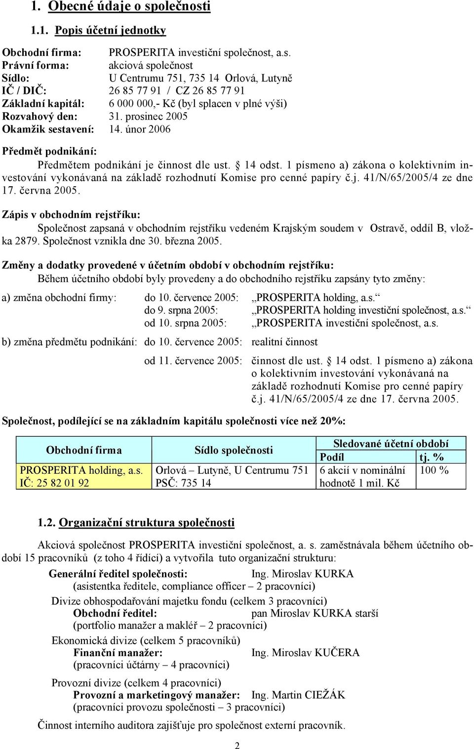 i 1.1. Popis účetní jednotky Obchodní firma: PROSPERITA investiční sp, a.s. Právní forma: akciová sp Sídlo: U Centrumu 751, 735 14 Orlová, Lutyně IČ / DIČ: 26 85 77 91 / CZ 26 85 77 91 Základní kapitál: 6 000 000,- Kč (byl splacen v plné výši) Rozvahový den: 31.