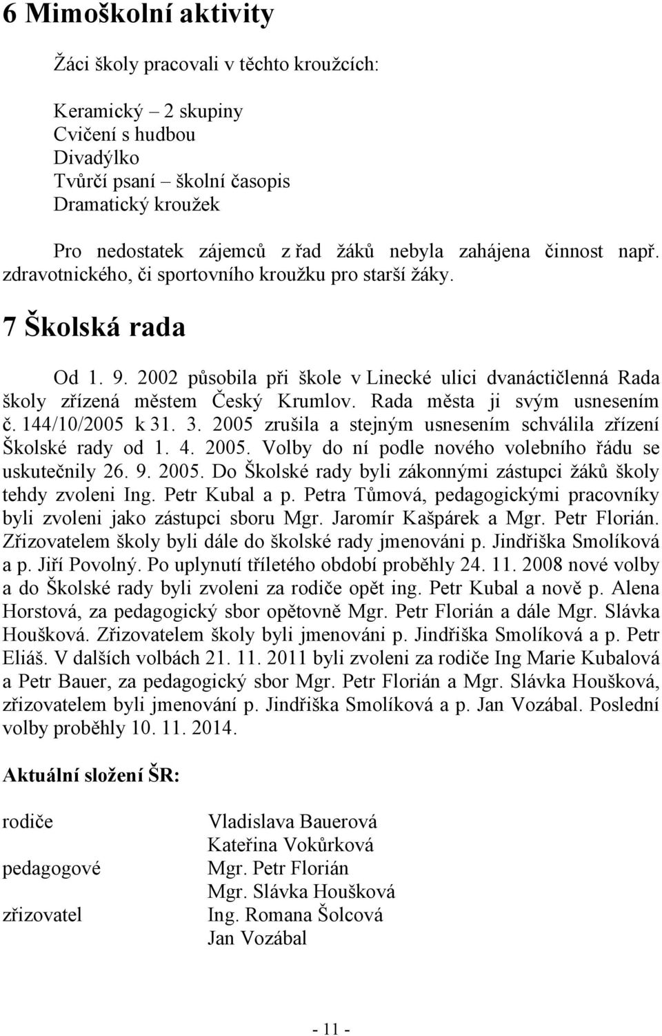 Rada města ji svým usnesením č. 144/10/2005 k 31. 3. 2005 zrušila a stejným usnesením schválila zřízení Školské rady od 1. 4. 2005. Volby do ní podle nového volebního řádu se uskutečnily 26. 9. 2005. Do Školské rady byli zákonnými zástupci žáků školy tehdy zvoleni Ing.