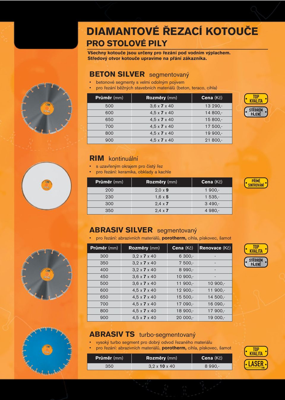 15 800,- 700 4,5 x 7 x 40 17 500,- 800 4,5 x 7 x 40 19 900,- 900 4,5 x 7 x 40 21 800,- RIM kontinuální s uzavřeným okrajem pro čistý řez pro řezání: keramika, obklady a kachle 200 2,0 x 9 1 900,- 230