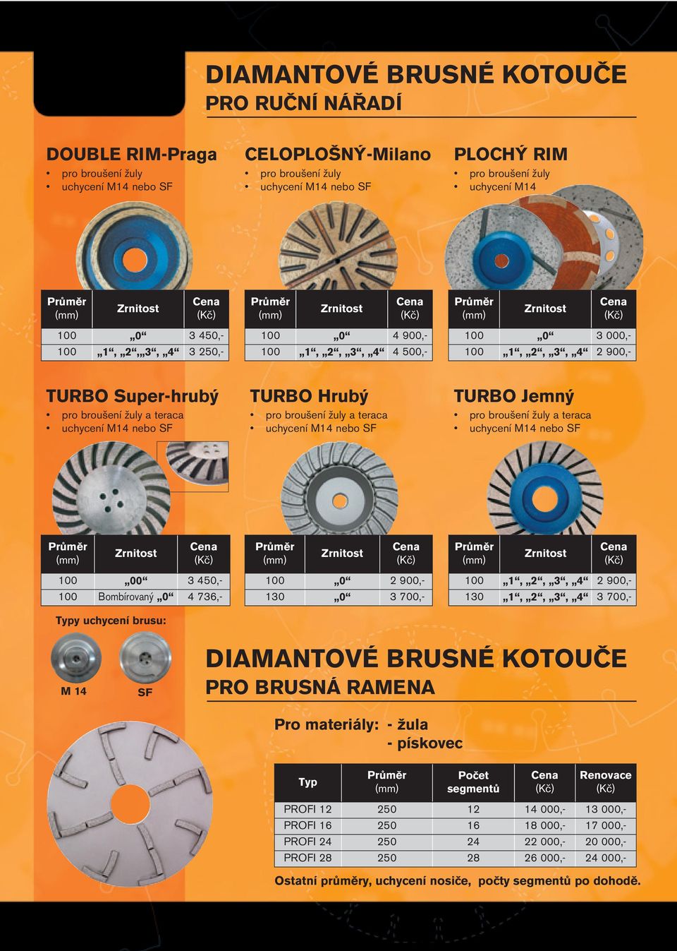 nebo SF TURBO Hrubý pro broušení žuly a teraca uchycení M14 nebo SF TURBO Jemný pro broušení žuly a teraca uchycení M14 nebo SF Zrnitost Zrnitost Zrnitost 100 00 3 450,- 100 Bombírovaný 0 4 736,-