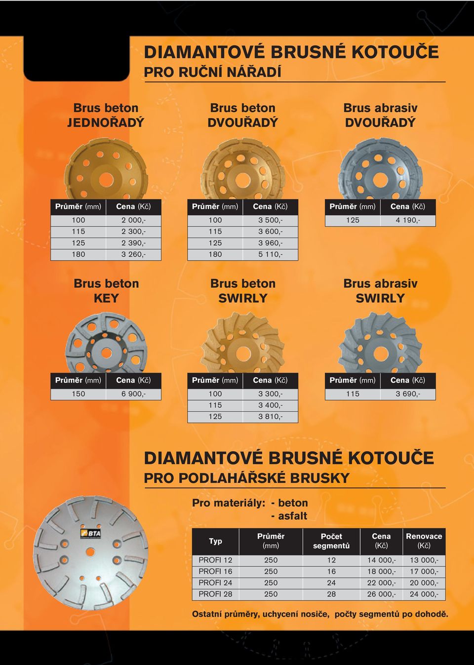 115 3 690,- DIAMANTOVÉ BRUSNÉ KOTOUČE PRO PODLAHÁŘSKÉ BRUSKY Pro materiály: - beton - asfalt Typ Počet segmentů Renovace PROFI 12 250 12 14 000,- 13 000,-