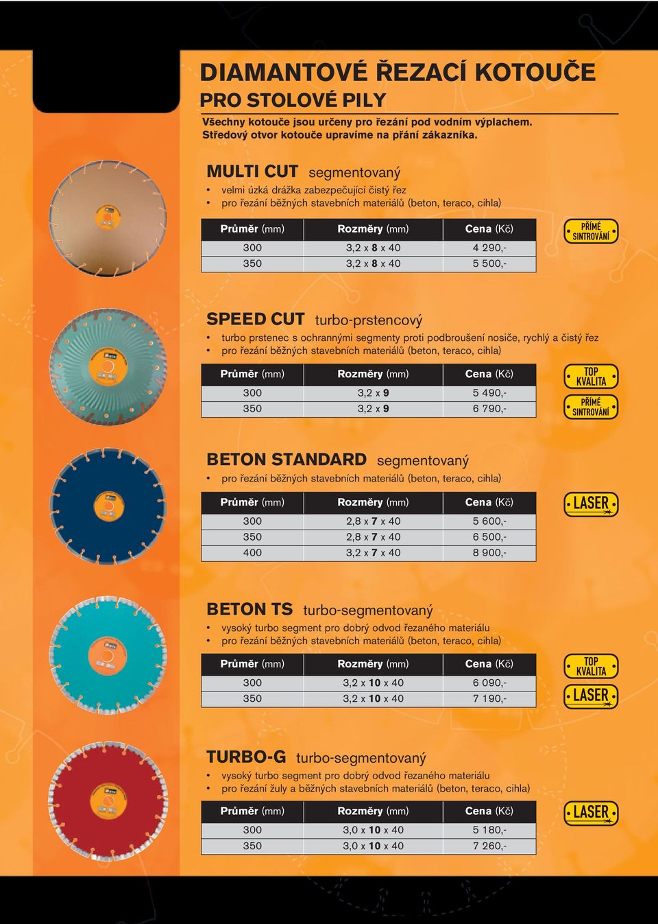 turbo-prstencový turbo prstenec s ochrannými segmenty proti podbroušení nosiče, rychlý a čistý řez pro řezání běžných stavebních materiálů (beton, teraco, cihla) 300 3,2 x 9 5 490,- 350 3,2 x 9 6