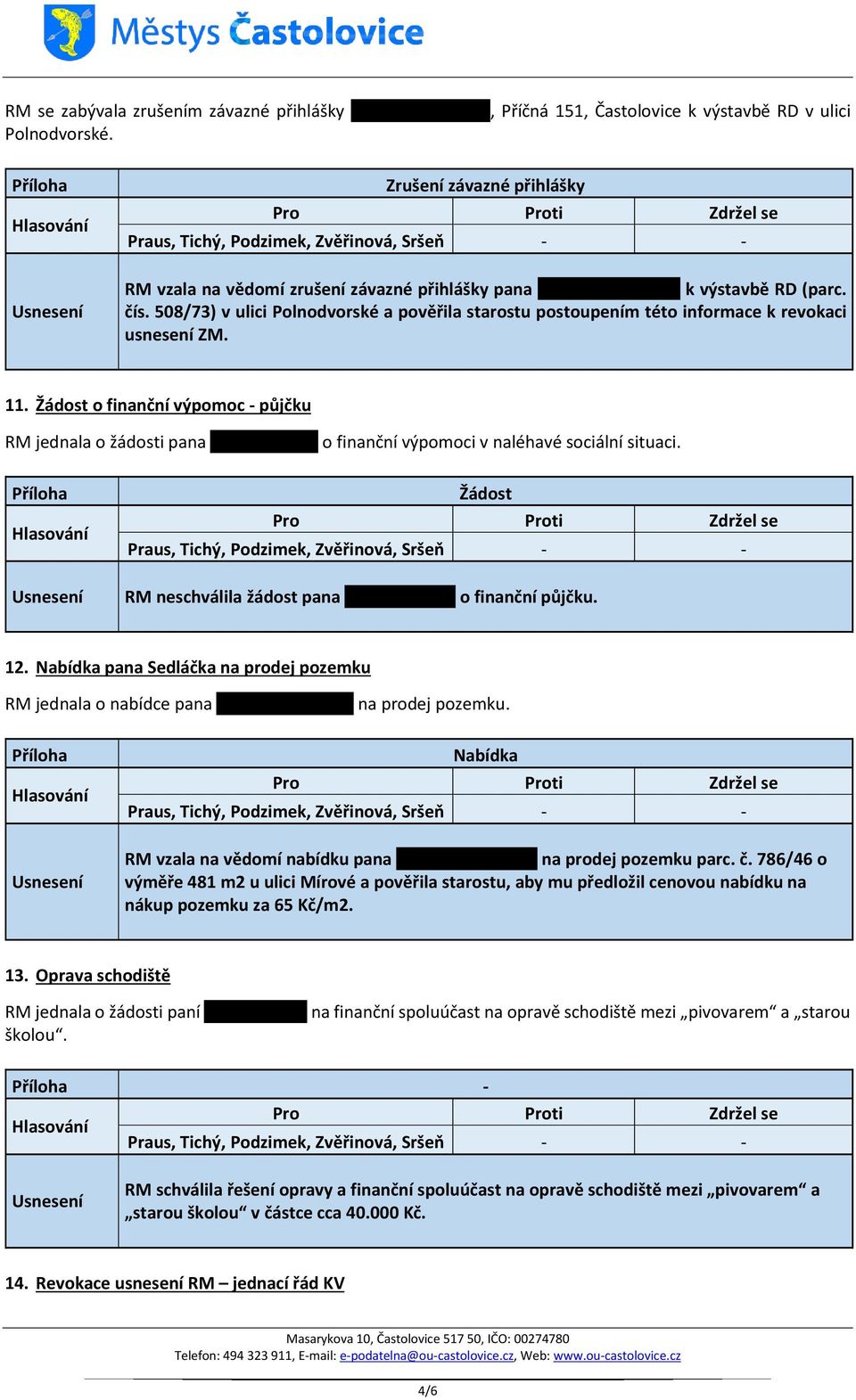 508/73) v ulici Polnodvorské a pověřila starostu postoupením této informace k revokaci usnesení ZM. 11.