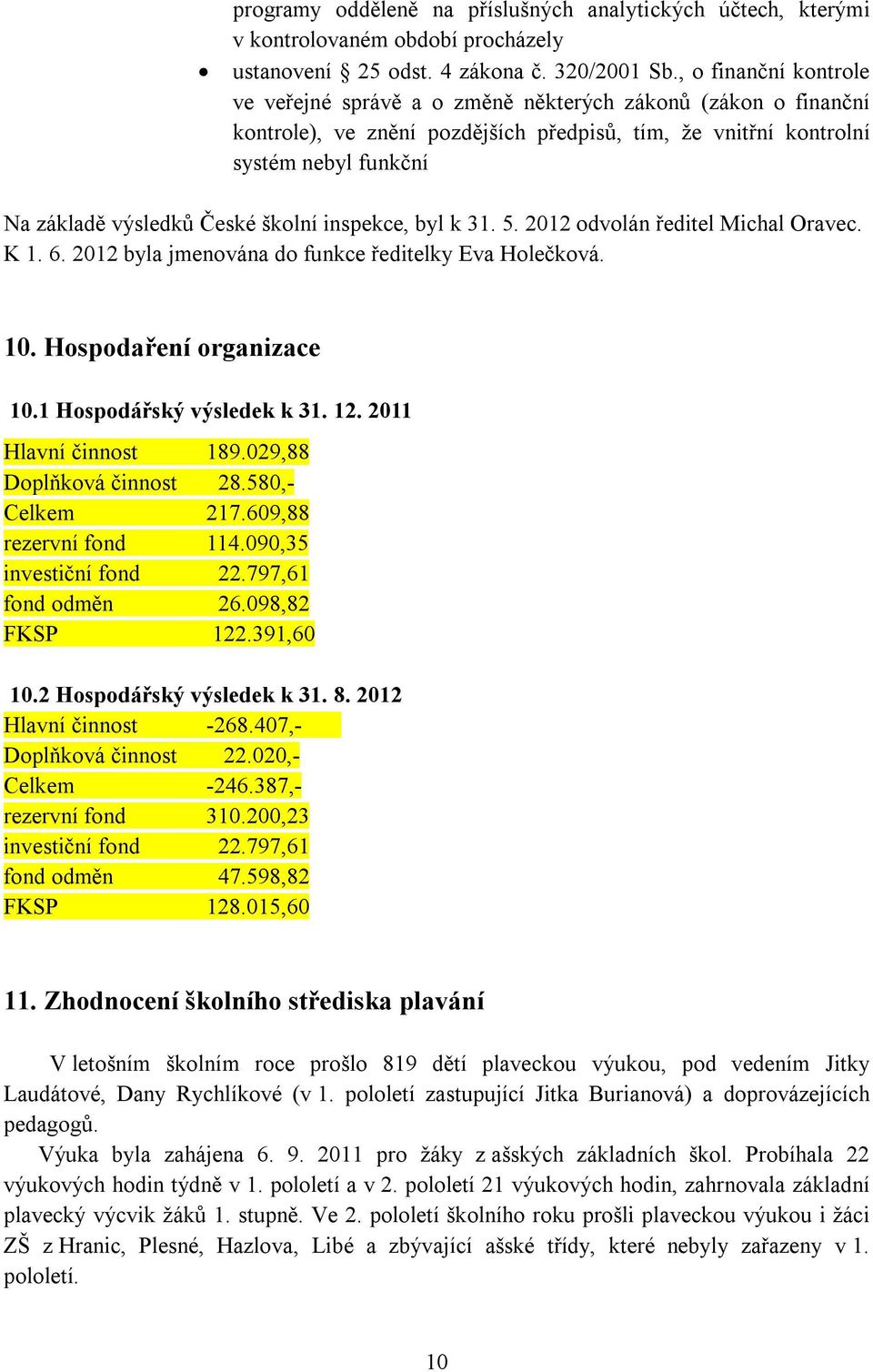 školní inspekce, byl k 31. 5. 2012 odvolán ředitel Michal Oravec. K 1. 6. 2012 byla jmenována do funkce ředitelky Eva Holečková. 10. Hospodaření organizace 10.1 Hospodářský výsledek k 31. 12.