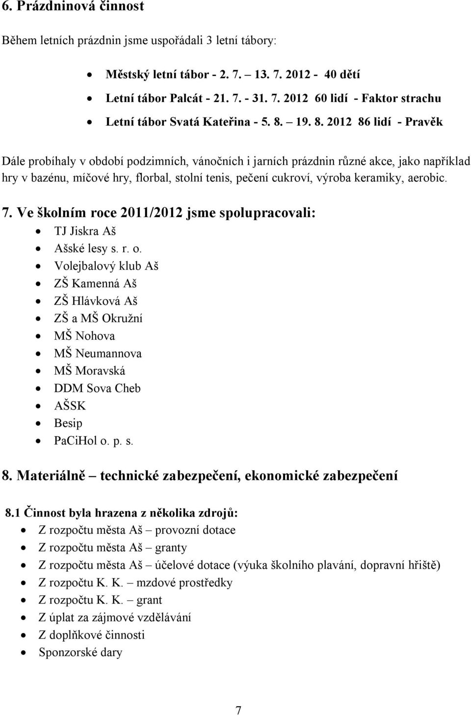 2012 86 lidí - Pravěk Dále probíhaly v období podzimních, vánočních i jarních prázdnin různé akce, jako například hry v bazénu, míčové hry, florbal, stolní tenis, pečení cukroví, výroba keramiky,