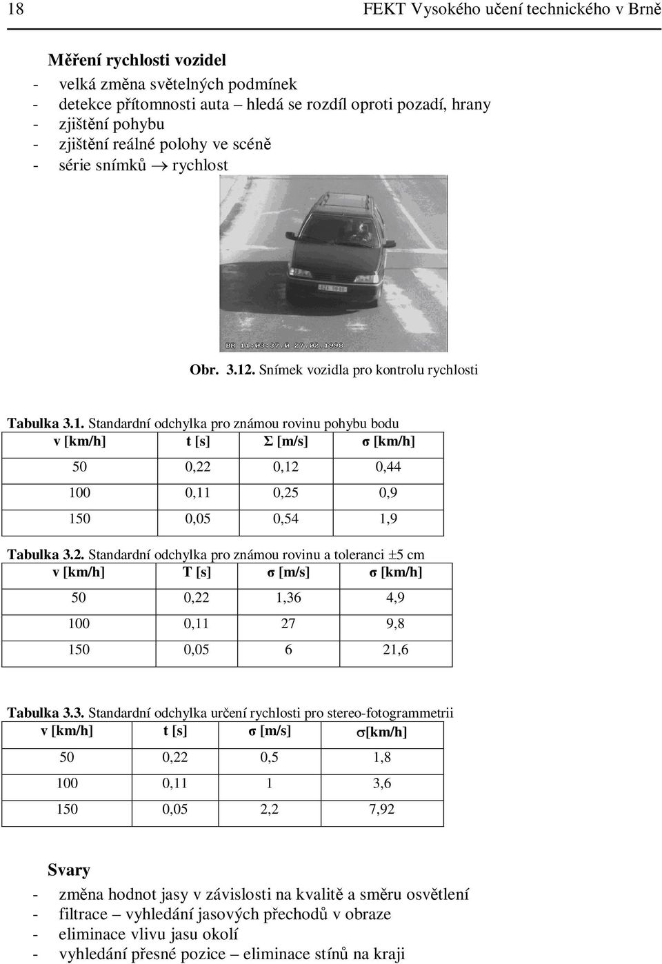 . Standardní odchylka pro známou rovinu a toleranci 5 cm v [km/h] T [s] [m/s] [km/h] 5 36