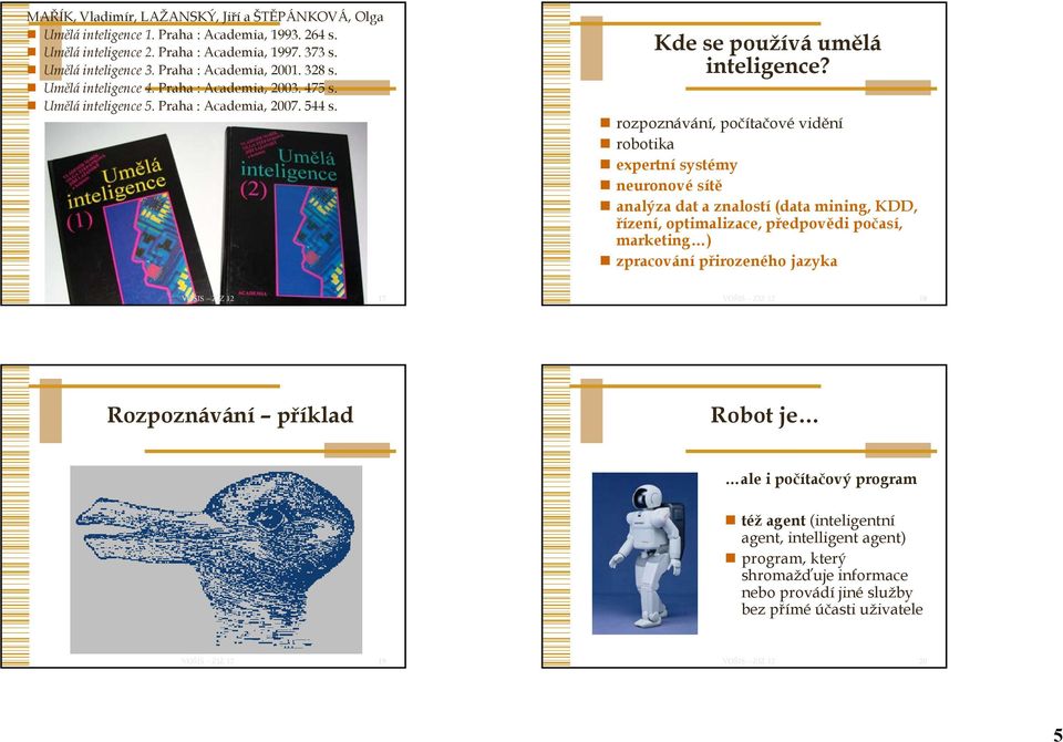 rozpoznávání, počítačové vidění robotika expertní systémy neuronové sítě analýza dat a znalostí (data mining, KDD, řízení, optimalizace, předpovědi počasí, marketing ) zpracování přirozeného