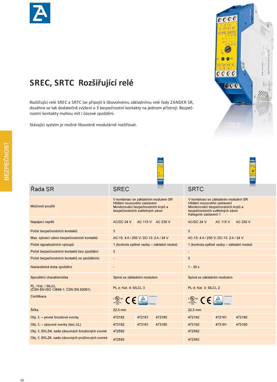 Řada SR SREC SRTC Možnosti použití V kombinaci se základním modulem SR Monitorování bezpečnostních krytů a bezpečnostních světelných závor V kombinaci se základním modulem SR Monitorování