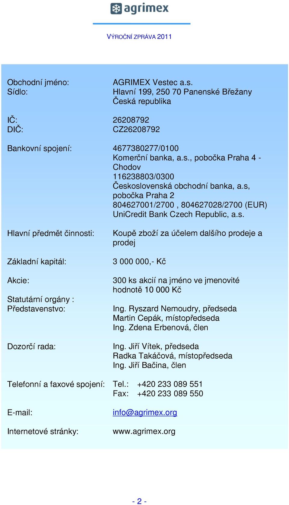 s, pobočka Praha 2 804627001/2700, 804627028/2700 (EUR) UniCredit Bank Czech Republic, a.s. Koupě zboží za účelem dalšího prodeje a prodej 3 000 000,- Kč 300 ks akcií na jméno ve jmenovité hodnotě 10 000 Kč Ing.