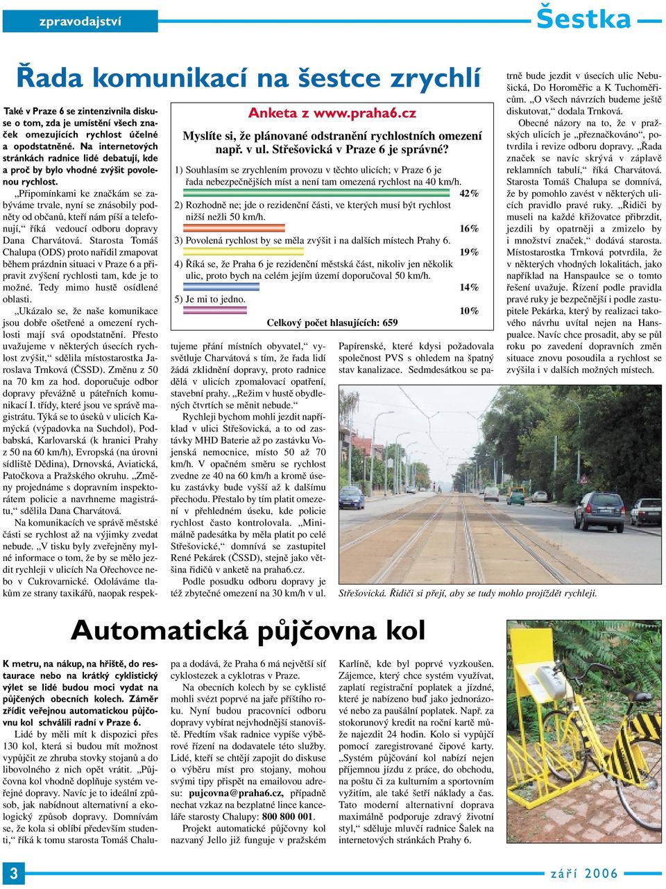 42% 2) Rozhodně ne; jde o rezidenční části, ve kterých musí být rychlost nižší nežli 50 km/h. 16% 3) Povolená rychlost by se měla zvýšit i na dalších místech Prahy 6.