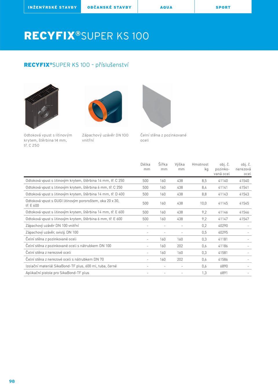 C 250 500 160 438 8,5 41140 41540 Odtoková vpust s litinovým krytem, štěrbina 6, tř. C 250 500 160 438 8,4 41141 41541 Odtoková vpust s litinovým krytem, štěrbina 14, tř.