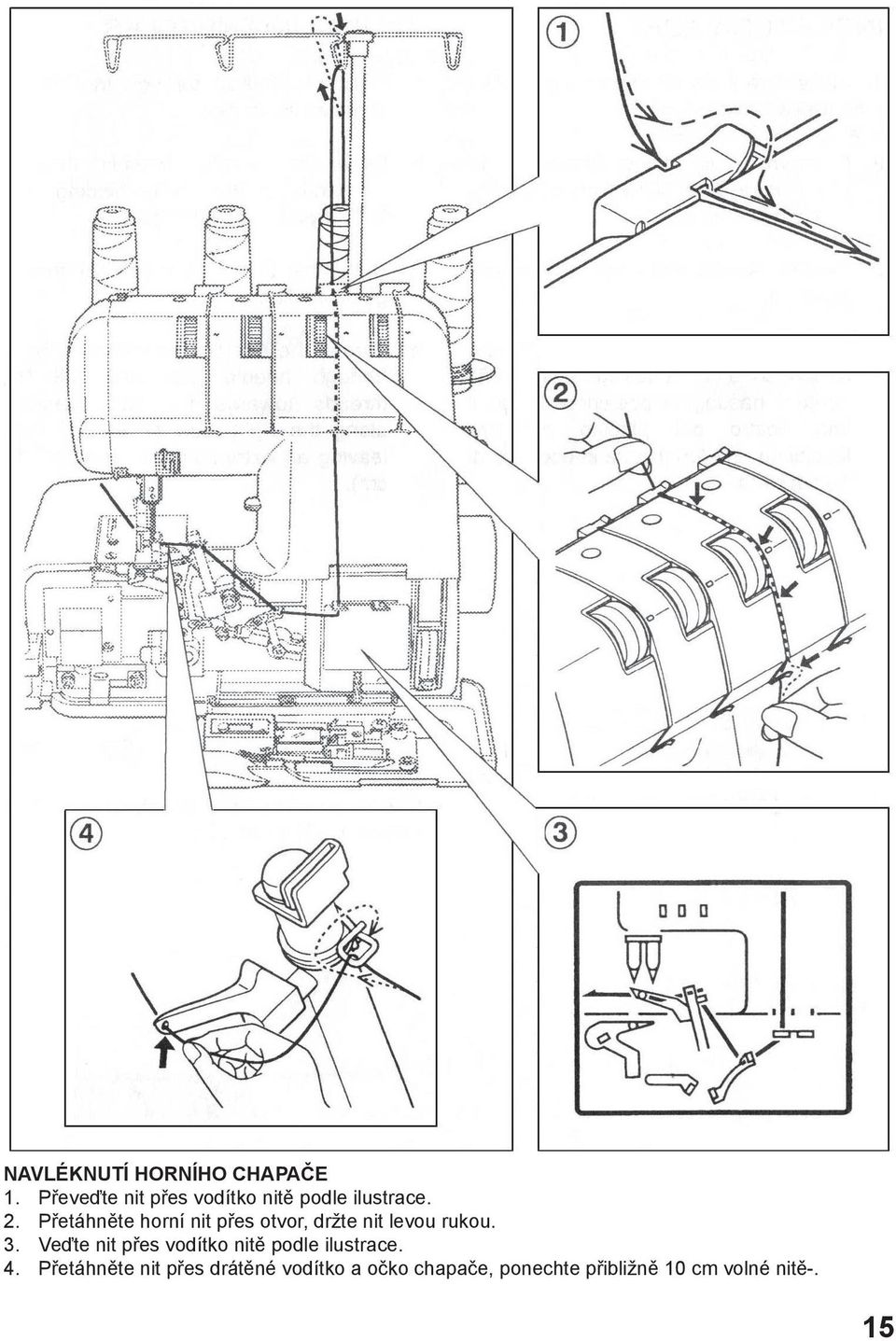 Přetáhněte horní nit přes otvor, držte nit levou rukou. 3.