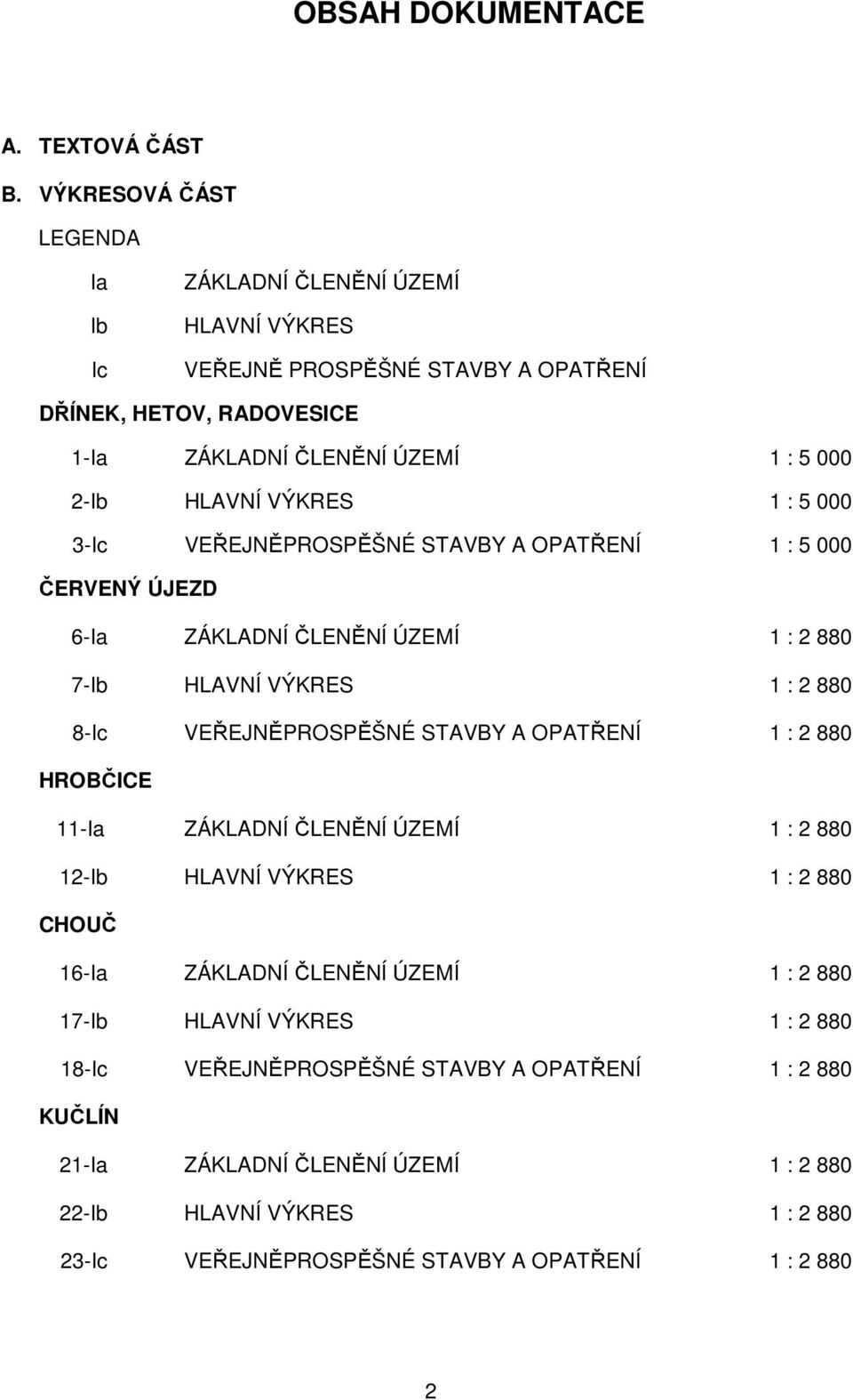 VÝKRES 1 : 5 000 3-Ic VEŘEJNĚPROSPĚŠNÉ STAVBY A OPATŘENÍ 1 : 5 000 ČERVENÝ ÚJEZD 6-Ia ZÁKLADNÍ ČLENĚNÍ ÚZEMÍ 1 : 2 880 7-Ib HLAVNÍ VÝKRES 1 : 2 880 8-Ic VEŘEJNĚPROSPĚŠNÉ STAVBY A