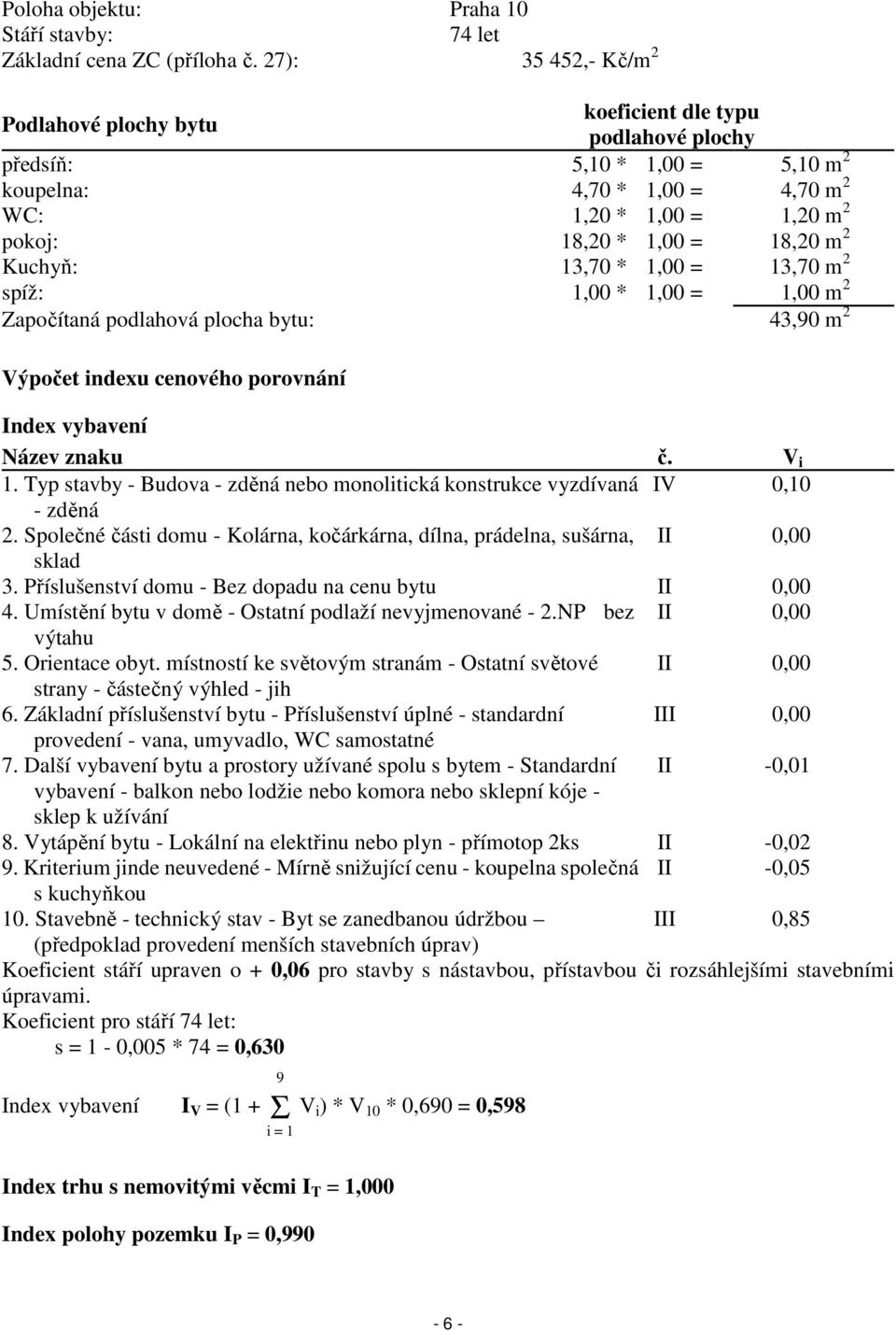 m 2 Kuchyň: 13,70 * 1,00 = 13,70 m 2 spíž: 1,00 * 1,00 = 1,00 m 2 Započítaná podlahová plocha bytu: 43,90 m 2 Výpočet indexu cenového porovnání Index vybavení Název znaku č. V i 1.