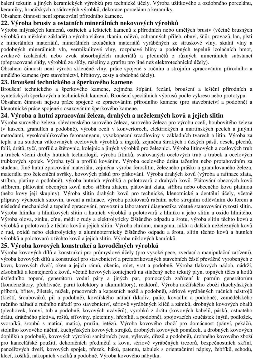 Výroba brusiv a ostatních minerálních nekovových výrobků Výroba mlýnských kamenů, ostřicích a lešticích kamenů z přírodních nebo umělých brusiv (včetně brusných výrobků na měkkém základě) a výroba