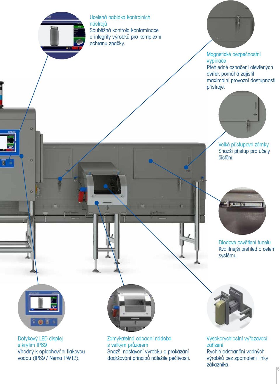 Velké přístupové zámky Snazší přístup pro účely čištění. Diodové osvětlení tunelu Kvalitnější přehled o celém systému.