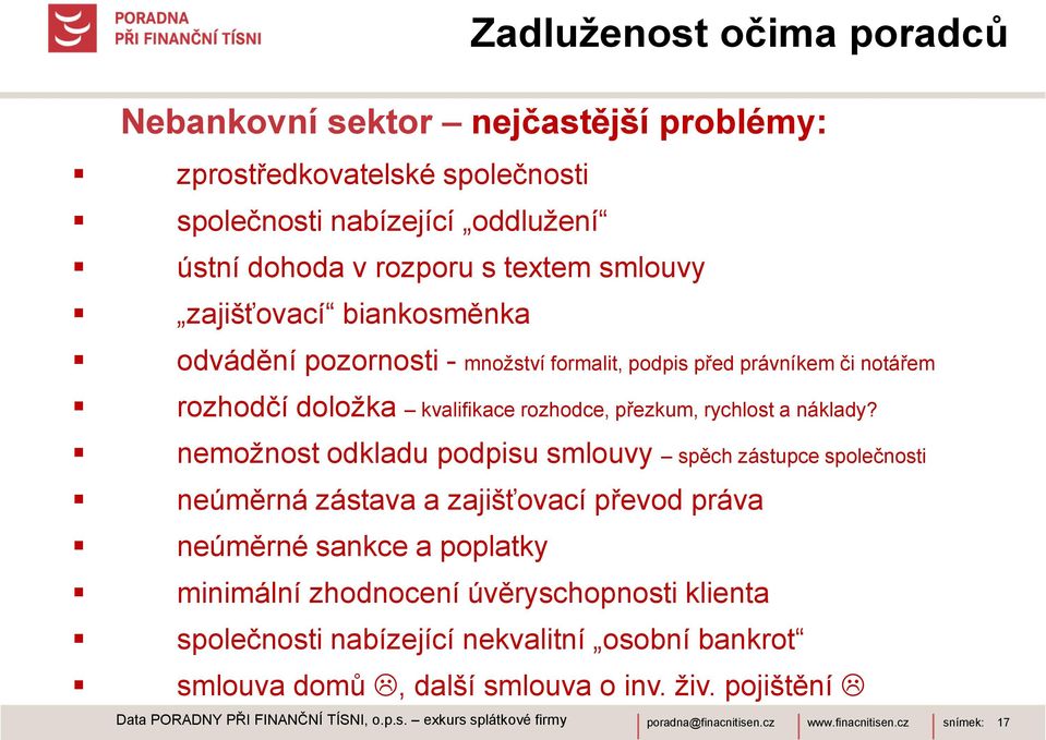 nemožnost odkladu podpisu smlouvy spěch zástupce společnosti neúměrná zástava a zajišťovací převod práva neúměrné sankce a poplatky minimální zhodnocení úvěryschopnosti