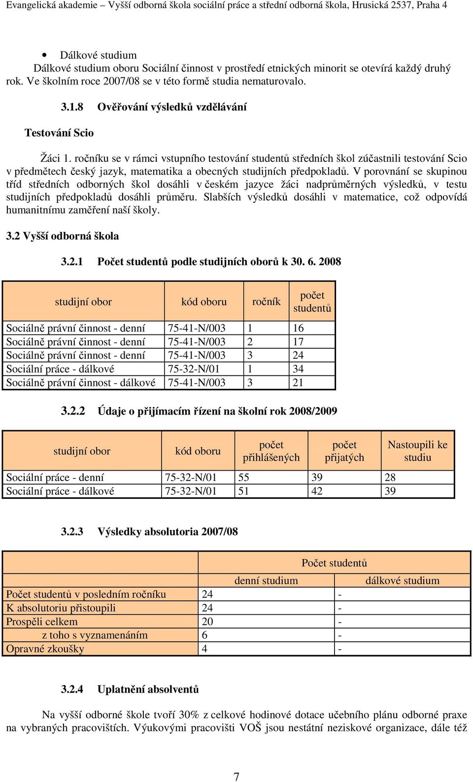 V porovnání se skupinou tříd středních odborných škol dosáhli v českém jazyce žáci nadprůměrných výsledků, v testu studijních předpokladů dosáhli průměru.