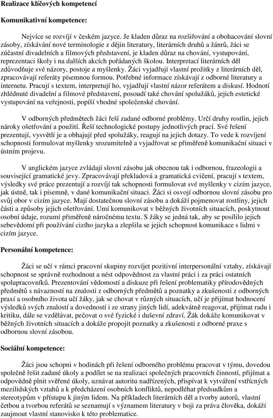 důraz na chování, vystupování, reprezentaci školy i na dalších akcích pořádaných školou. Interpretací literárních děl zdůvodňuje své názory, postoje a myšlenky.