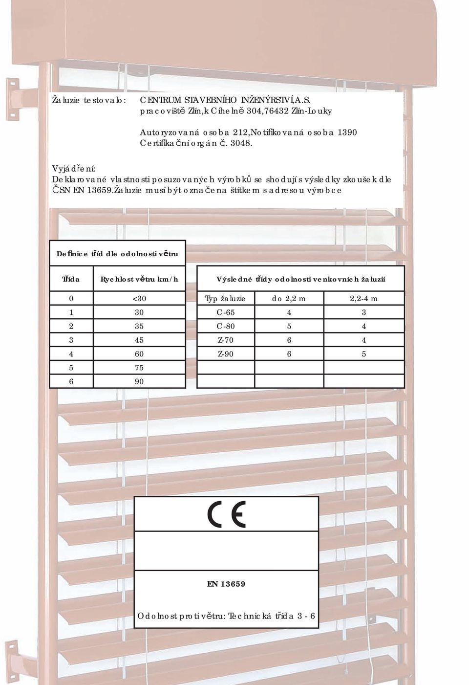 Žaluzie musí být označena štítkem s adresou výrobce Definice tříd dle odolnosti větru Třída Rychlost větru km/h Výsledné třídy odolnosti